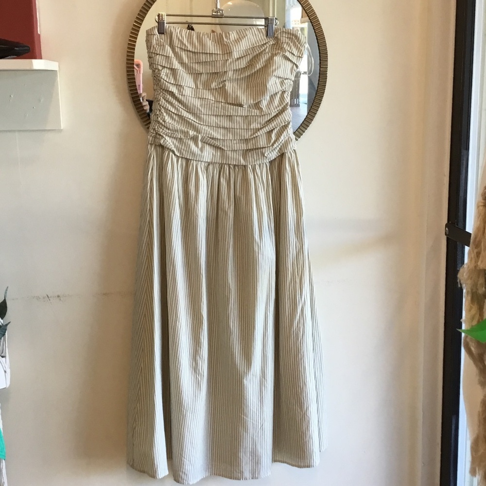 DISSH Beige and White Strapless Ruched Maxi Dress